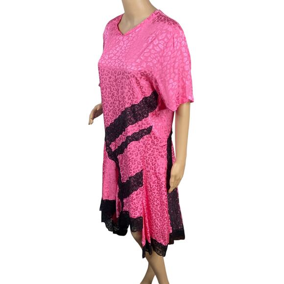 KOCHE Pink Leopard Jacquard Black Lace Asymmetric Shift Dress SZ 40/XS - Picture 7 of 11